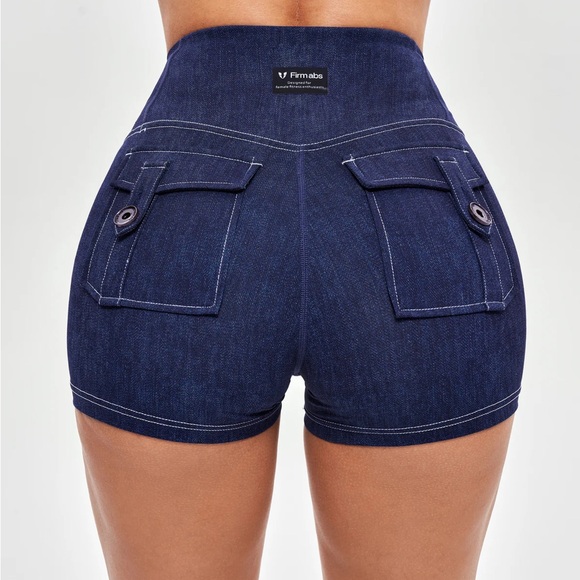 Firmabs High Waist Denim Blue Gym Athletic Workout Cargo Shorts - Picture 5 of 9